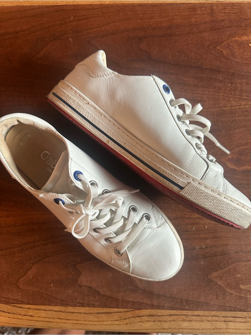 Gabor White Leather Sneakers with Blue Eyelets and Red Sole Trim
